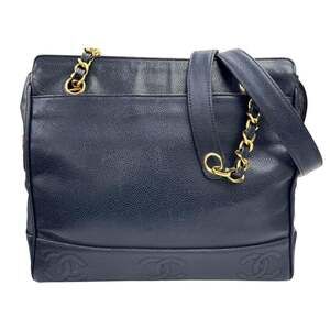 CHANEL Blue Caviar Leather Logo Tote Bag